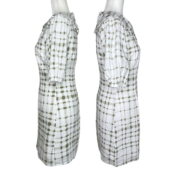 lena Mini Dress Ruffle Collar Short Puff Sleeve Preppy Plaid Green White Small S - Picture 4 of 16